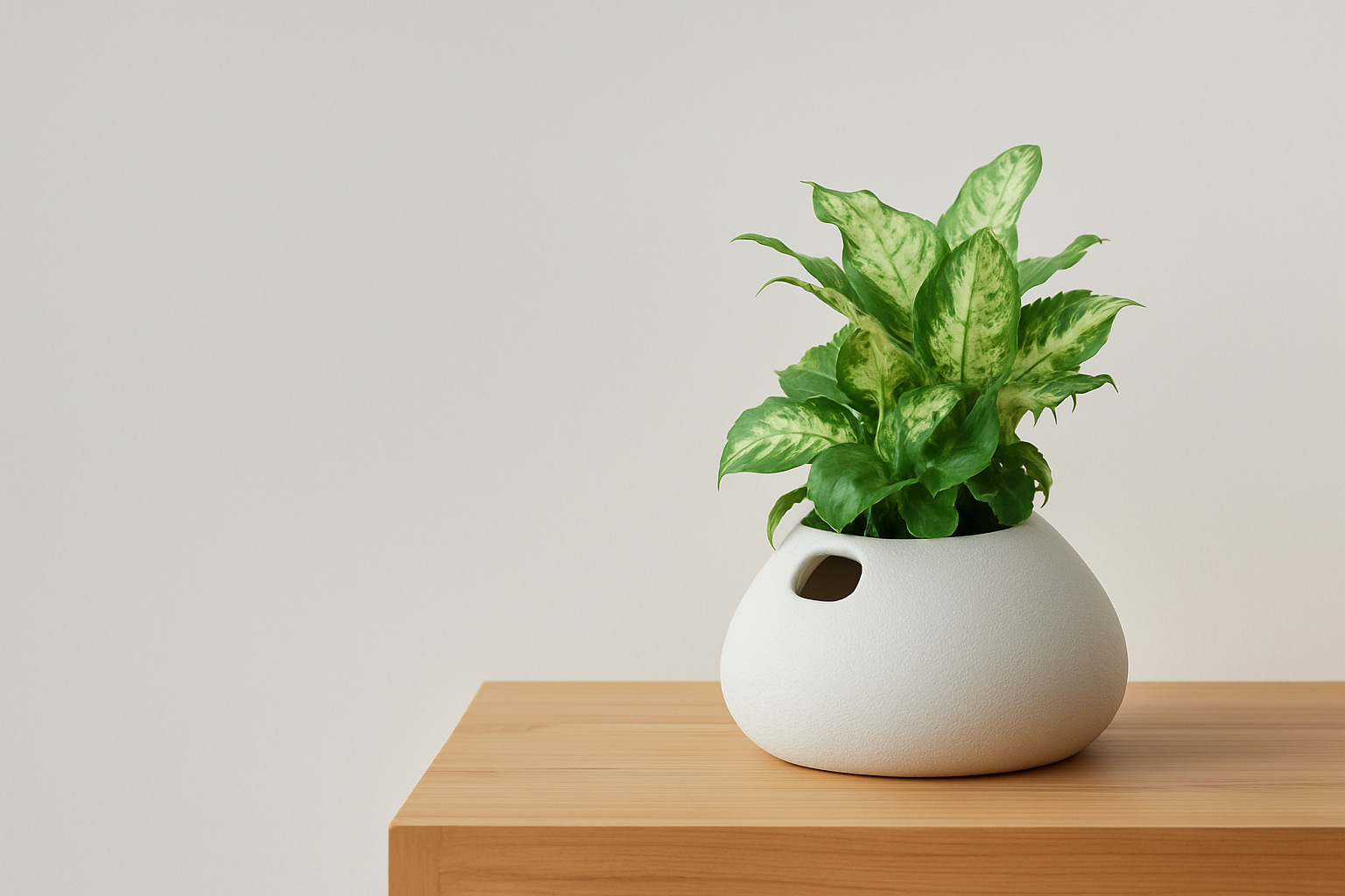A white smart self-watering plant pot for indoor plans on a desk. A Vira Pot